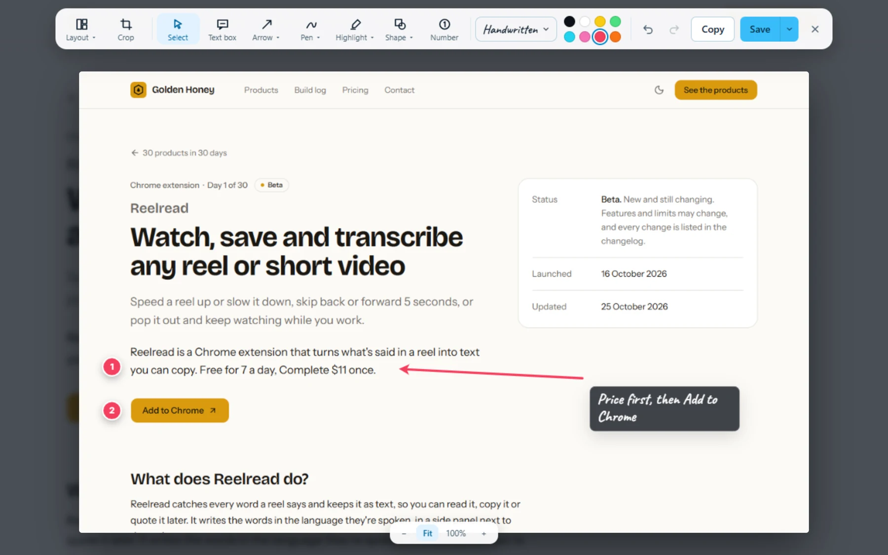 The Edit studio over a shot of a product page, with numbers 1 and 2, an arrow and a note that says Price first, then Add to Chrome