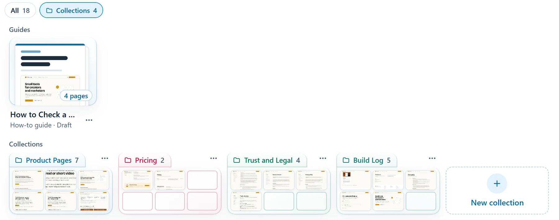 Collections as glass folders: Product Pages, Pricing, Trust and Legal, and Build Log, each in its own colour with its newest shots inside, next to a guide card